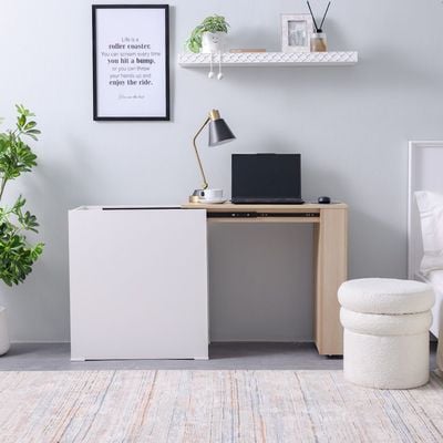 Barbados Extendable Desk with Side Shelves - White/Oak - With 2-Year Warranty