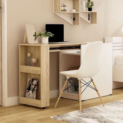 Barbados Extendable Desk with Side Shelves - White/Oak - With 2-Year Warranty