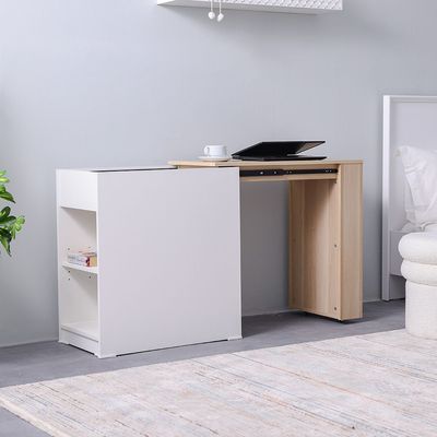 Barbados Extendable Desk with Side Shelves - White/Oak - With 2-Year Warranty