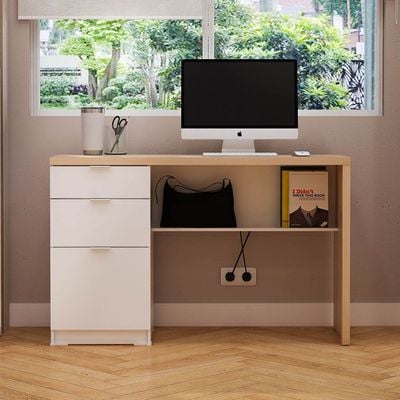 Barbados  Office Desk W/ 2 Drawers  & 1 Door + Shelf - White /  Oak