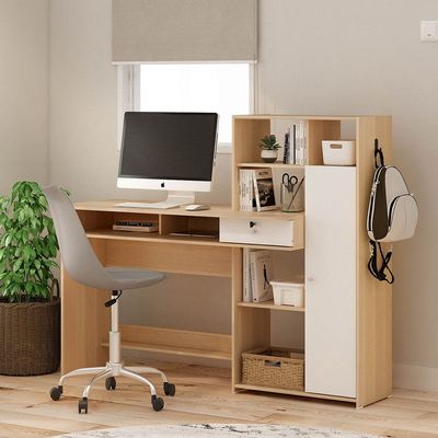 Estonia Study  Desk W/ 1 Door & Drawer + Shelves  - White /  Oak