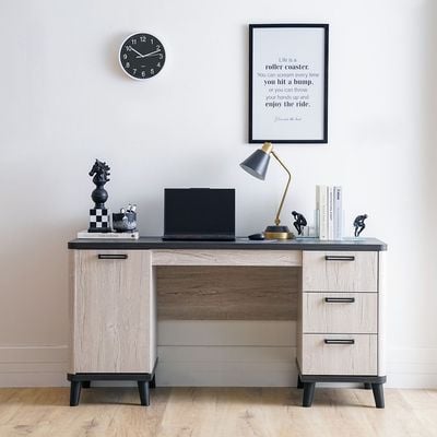 Kirwin Study Desk with 3 Drawers and 1 Door Storage - Grey Oak/Black - With 2-Year Warranty