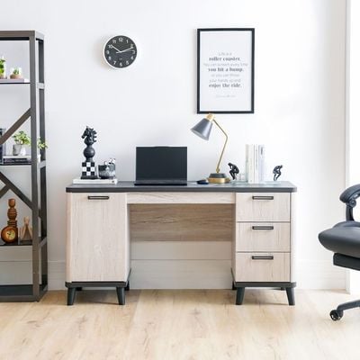 Kirwin Study Desk with 3 Drawers and 1 Door Storage - Grey Oak/Black - With 2-Year Warranty