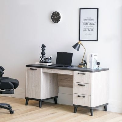 Kirwin Study Desk with 3 Drawers and 1 Door Storage - Grey Oak/Black - With 2-Year Warranty