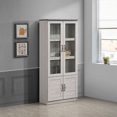 Zenith 2Door Glass Book Case-White Oak+Cement