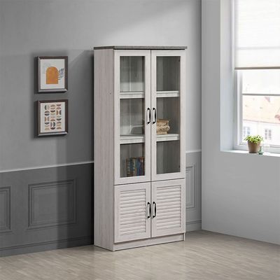 Zenith 2-Door Glass Bookcase - White Oak/Cement - With 2-Year Warranty