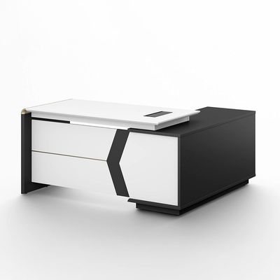 Skive Executive L- Shape  Office Desk w/ 2 Drawer and 1 Door Storage - White/Grey 
