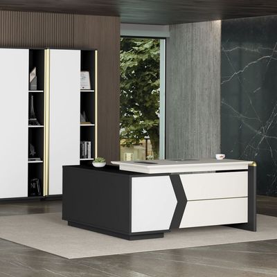 Skive Executive L- Shape  Office Desk w/ 2 Drawer and 1 Door Storage - White/Grey 