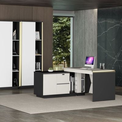 Skive Executive L- Shape  Office Desk w/ 2 Drawer and 1 Door Storage - White/Grey 