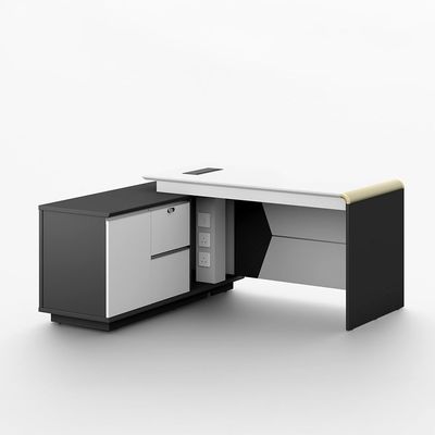 Skive Executive L- Shape  Office Desk w/ 2 Drawer and 1 Door Storage - White/Grey 