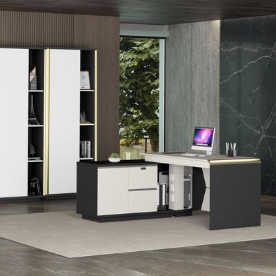 Skive Executive L- Shape  Office Desk w/ 2 Drawer and 1 Door Storage - White/Grey 