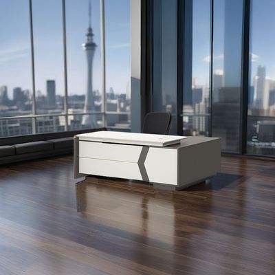 Skive Executive L- Shape  Office Desk w/ 2 Drawer and 1 Door Storage - White/Grey 