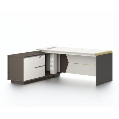 Skive Executive L- Shape  Office Desk w/ 2 Drawer and 1 Door Storage - White/Grey 