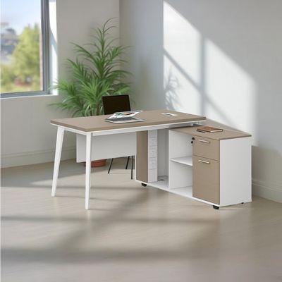 Herstal Corner Office Desk w/ 2 Drawer and open shelves - Oak/White 
