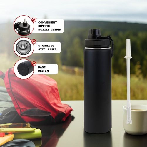 Luscious Double Wall Stainless Steel Vacuum Sports Bottle - Black -750 ml