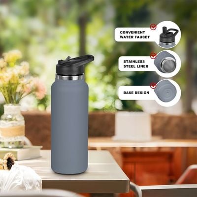 Luscious Double Wall Stainless Steel Vacuum Travel Bottle with Straw - Grey - 1200 ml