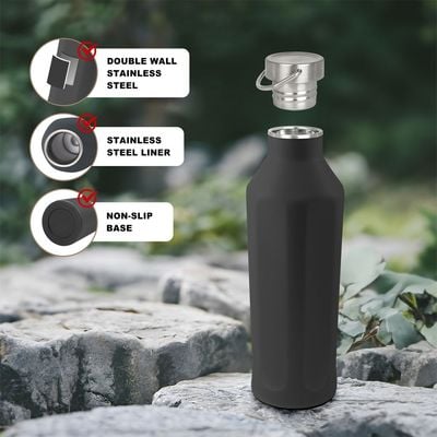 Luscious Double Wall Stainless Steel Vacuum Sports Bottle - Black - 600 ml