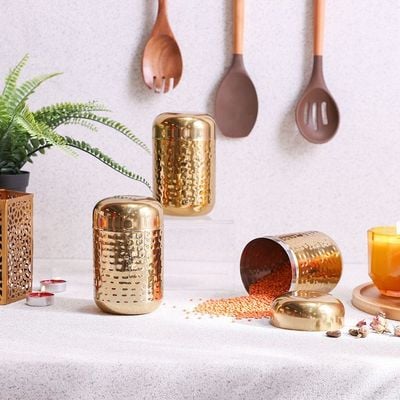 Celina 3Pc Hammered Cannister Set H13Cm 750Ml Gold