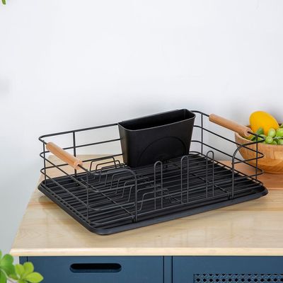 Atticus Iron Dish Rack Set With Wooden Handle Black 43.5 X 32 X 14.5 Cm