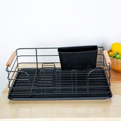 Atticus Iron Dish Rack Set With Wooden Handle Black 43.5 X 32 X 14.5 Cm