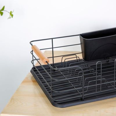 Atticus Iron Dish Rack Set With Wooden Handle Black 43.5 X 32 X 14.5 Cm