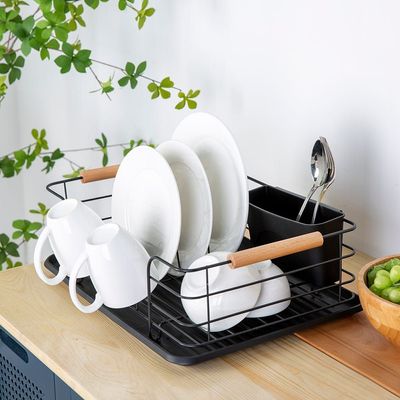 Atticus Iron Dish Rack Set With Wooden Handle Black 43.5 X 32 X 14.5 Cm