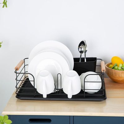 Atticus Iron Dish Rack Set With Wooden Handle Black 43.5 X 32 X 14.5 Cm