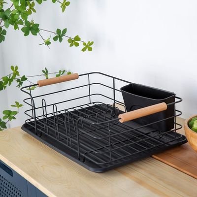 Atticus Iron Dish Rack Set With Wooden Handle Black 43.5 X 32 X 14.5 Cm