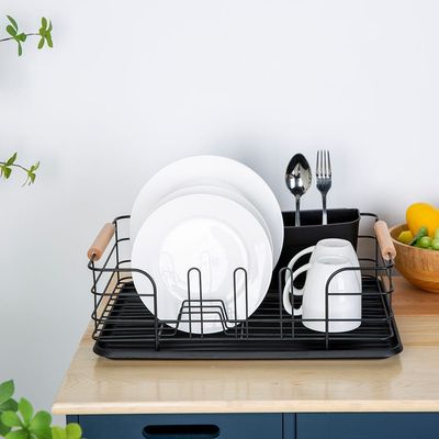 Atticus Iron Dish Rack Set With Wooden Handle Black 43.5 X 32 X 14.5 Cm