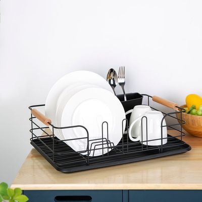 Atticus Iron Dish Rack Set With Wooden Handle Black 43.5 X 32 X 14.5 Cm