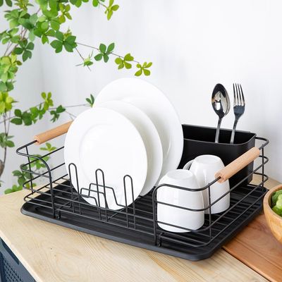 Atticus Iron Dish Rack Set With Wooden Handle Black 43.5 X 32 X 14.5 Cm