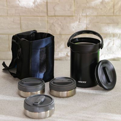 Haers Double Wall Ss Food Flask With 3 Inner Food Containers Black 1700 Ml