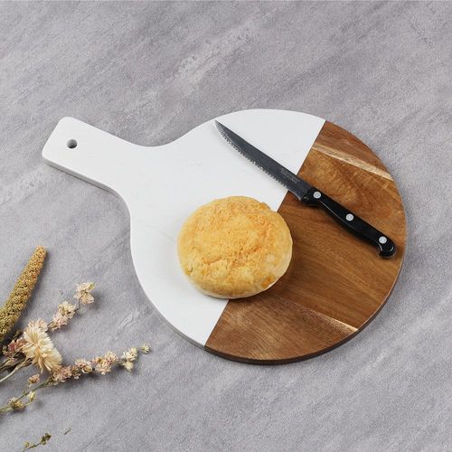 Luster Round Chopping Board, Acacia Wood + Marble White 25 X 1.5Cm Ck22192-2