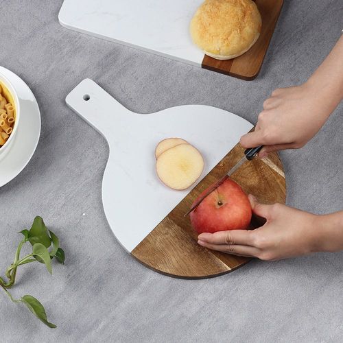 Luster Round Chopping Board With Handle, Acacia Wood + Marble White 25 X 35 X 1.5Cm Ck22193-2
