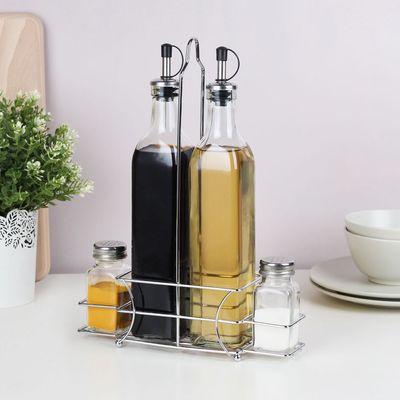  Adrian 4-Piece Glass Condiment Jar Set W/Metal Wire Stand 500ml,80ml Transparent 20X 8 X32HCM 