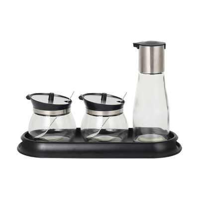  Adrian 4-Piece Glass Spice Jar Set With Holder Black 320ml,2x250ml- 31 X 12 X 13HCM 