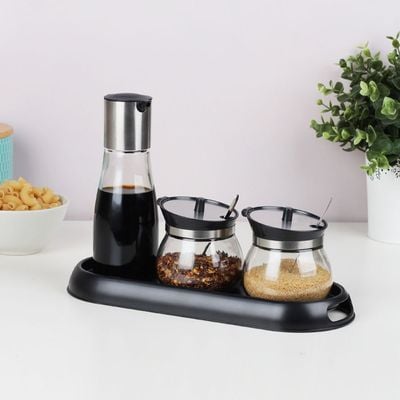  Adrian 4-Piece Glass Spice Jar Set With Holder Black 320ml,2x250ml- 31 X 12 X 13HCM 