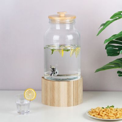  Aresha Glass Juice Dispenser With Wood Stand &Lid,Abs Electroplate Tap Natural 5.5L, 19 X 19 X 43HCM 