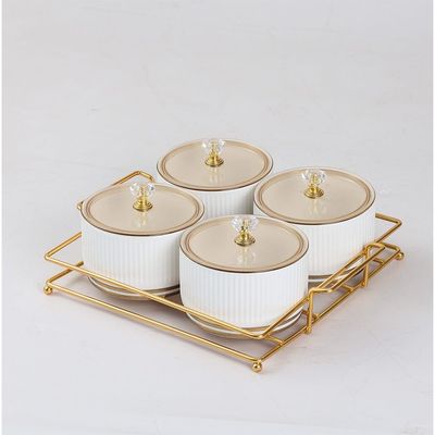 Orchid Stripes 4-Piece Snack Bowl W/Gold Stand 22  x 22  x 6 Cm