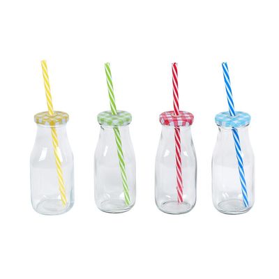 Danube Essential 4-Piece Glass Milk Bottle Set, 350Ml W/Metal Lid Clear 6.8 X 6.8 X 15.4 Cm Fy23039