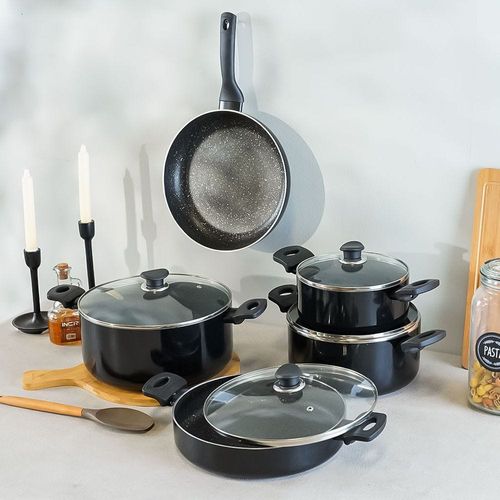 Karolina 9-Pc Aluminium Cookware Set with 5 Layers - Black