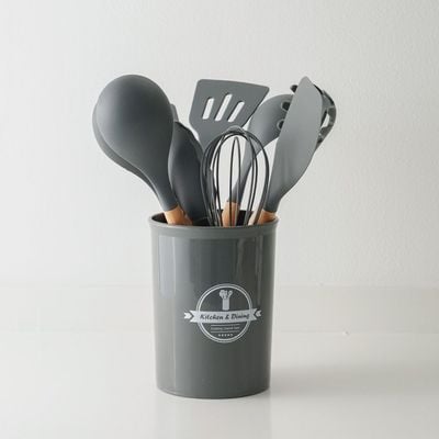 Danube Essential 10-Pc Kitchen Utensils Set - Silicone + Beech Wood - Grey 