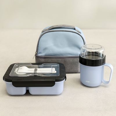 Let's Eat 3-Piece Lunch Box Set Blue 23X17.5X19Cm,Triple Split Box 1300Ml,Mug 520+230Ml