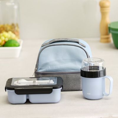 Let's Eat 3-Piece Lunch Box Set Blue 23X17.5X19Cm,Triple Split Box 1300Ml,Mug 520+230Ml