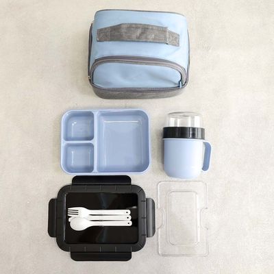 Let's Eat 3-Piece Lunch Box Set Blue 23X17.5X19Cm,Triple Split Box 1300Ml,Mug 520+230Ml