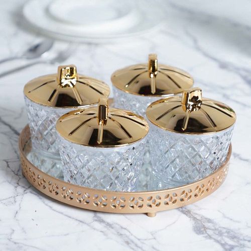 Luxe 5-Piece The Royal Crystal Set (4 Jars 500 ml + 1 Tray Dia 28.5 x 4Cm) -Gold,Silver