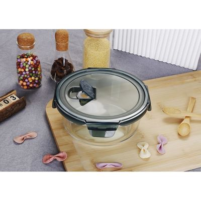 صندوق غداء زجاج بوروسيليكات دائري من دانوب هوم - شفاف/أسود - 400 مل