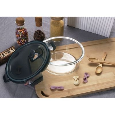 صندوق غداء زجاج بوروسيليكات دائري من دانوب هوم - شفاف/أسود - 1300 مل