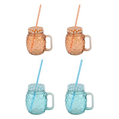 Danube Essential 4-Pc Colored Glass Mason Jar Set with Metal Lid, Straw - 490 ml