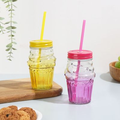 Danube Essential 4-Piece Colored Glass Mason Jar Set W/Metal Lid,Straw 490 Ml